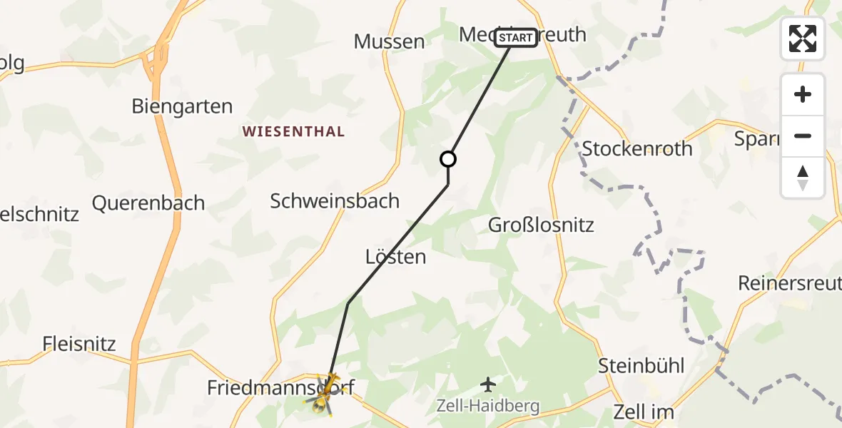 Flugroute Rettungshubschrauber Münchberg - Zell im Fichtelgebirge, 12 Juli 2026, 13:56