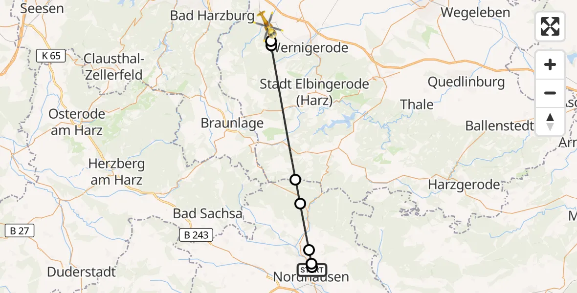 Flugroute Rettungshubschrauber Südharz Hospital Nordhausen - Ilsenburg (Harz), 12 Juli 2026, 13:57