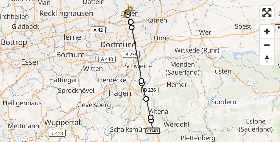 Flugroute Rettungshubschrauber Lüdenscheid - Sankt Marien Hospital, 12 Juli 2026, 13:59
