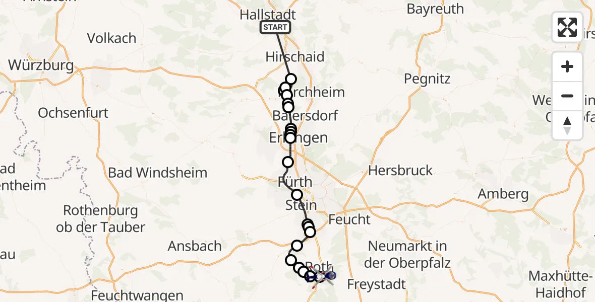 Flugroute Polizeihubschrauber Bamberg - Flugplatz Roth, 12 Juli 2026, 14:02
