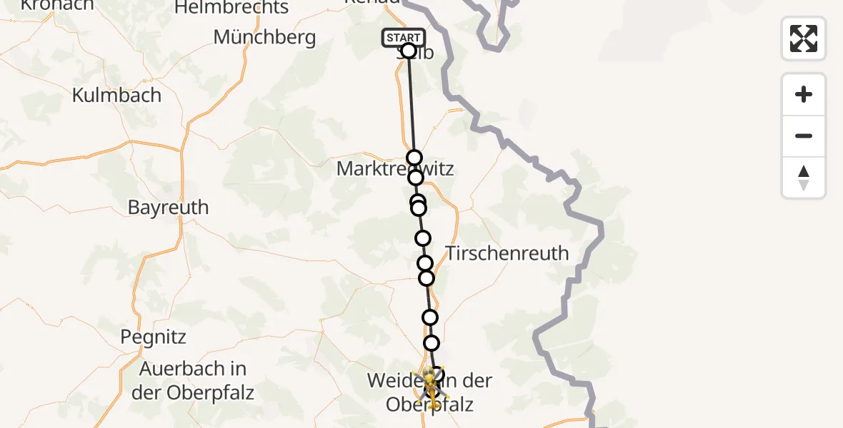 Flugroute Ambulanzhubschrauber Selb - Weiden Hospital, 12 Juli 2026, 14:03