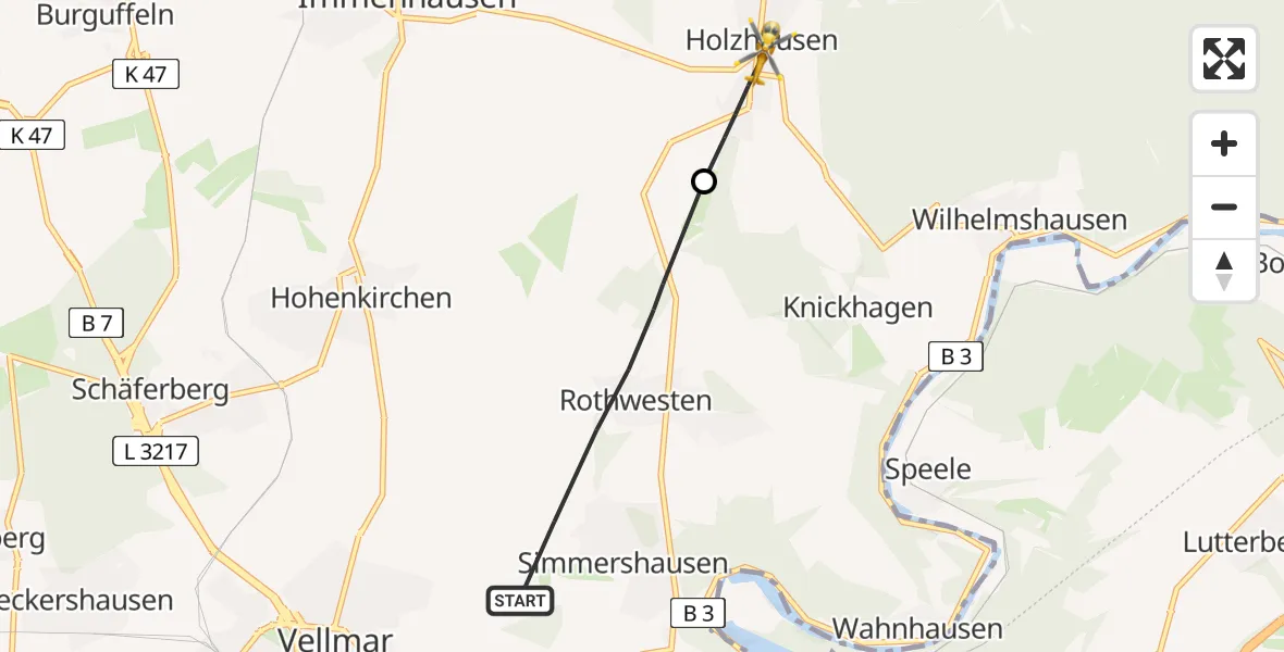 Flugroute Rettungshubschrauber Fuldatal - Immenhausen, 12 Juli 2026, 14:08