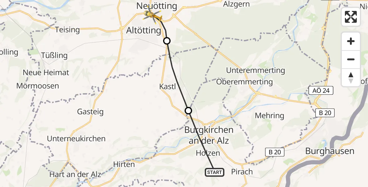 Flugroute Rettungshubschrauber Burgkirchen a.d.Alz - Altötting, 12 Juli 2026, 14:09