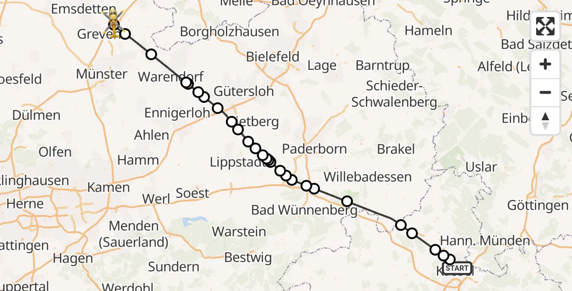 Flugroute Ambulanzhubschrauber Kassel - Christoph  Westfalen-ADAC, 12 Juli 2026, 14:10