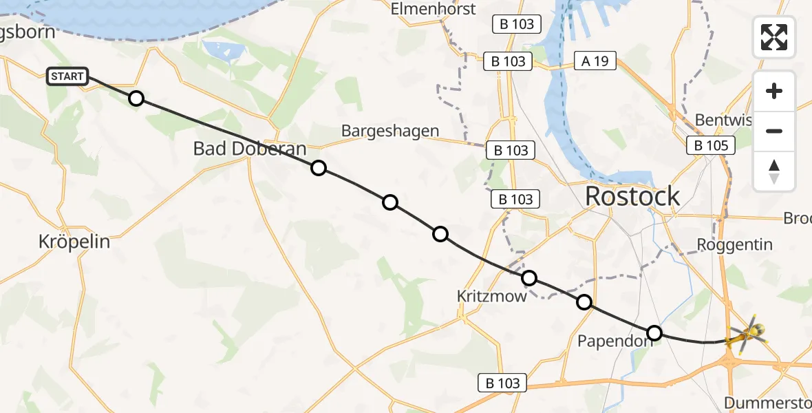 Flugroute Ambulanzhubschrauber Wittenbeck - Dummerstorf, 12 Juli 2026, 14:12