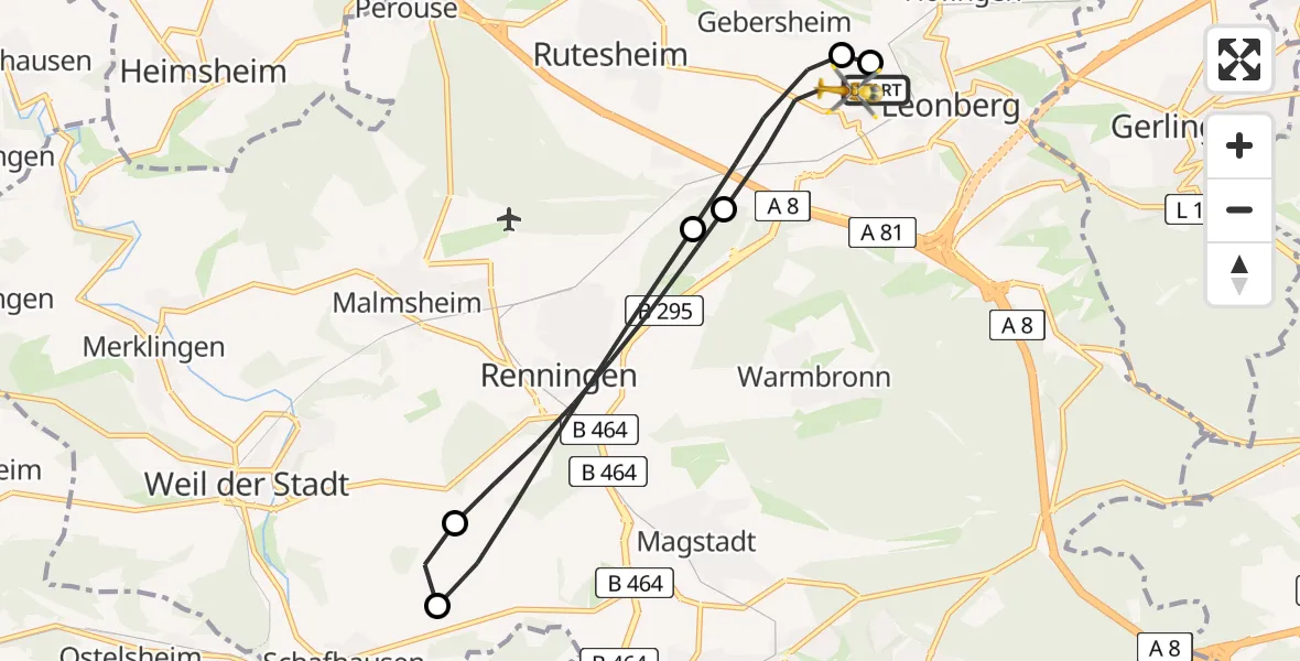 Flugroute Rettungshubschrauber Leonberg Hospital - Leonberg Hospital Hubschrauberlandeplatz, 12 Juli 2026, 14:17