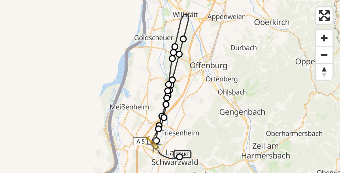 Flugroute Rettungshubschrauber Ortenau Hospital Lahr-Ettenheim - Lahr Flughafen, 12 Juli 2026, 14:20