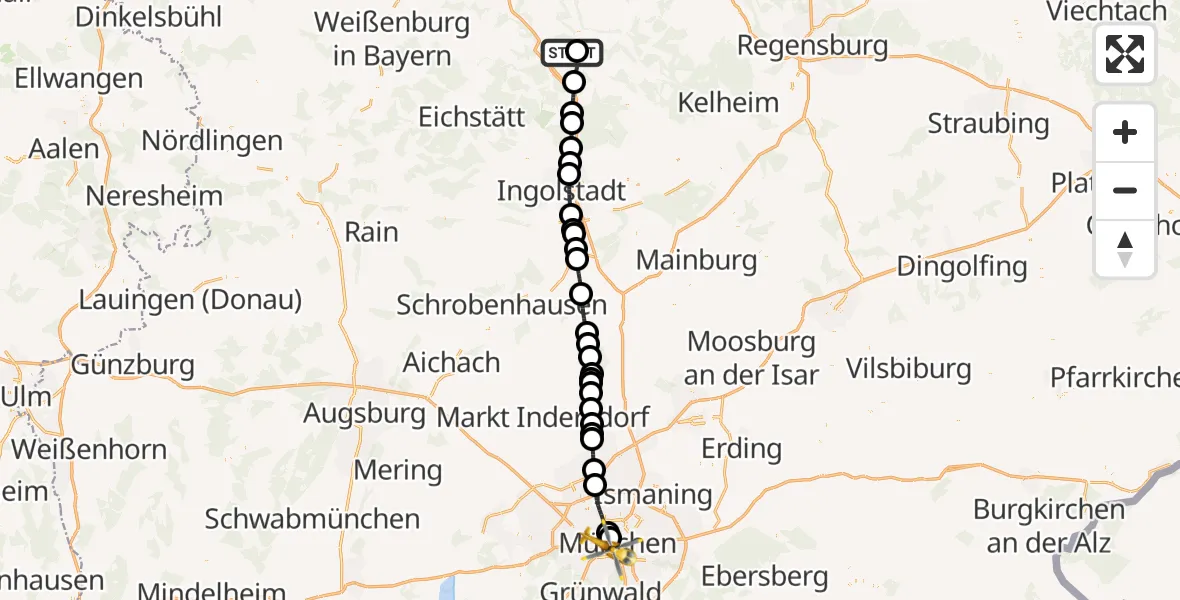 Flugroute Rettungshubschrauber Kinding - München, 12 Juli 2026, 14:21