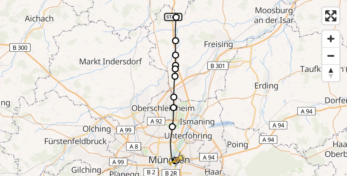 Flugroute Rettungshubschrauber Paunzhausen - Rechts der Isar University Hospital, 12 Juli 2026, 14:21