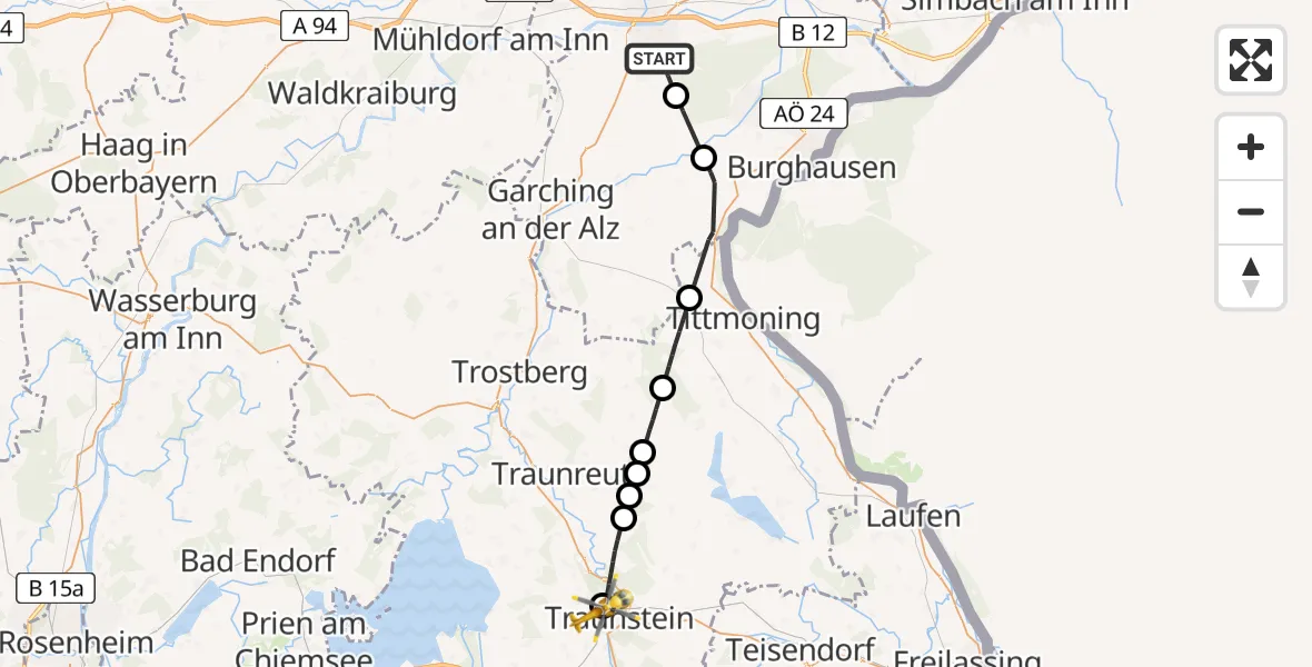 Flugroute Rettungshubschrauber Altötting - Traunstein Hospital, 12 Juli 2026, 14:24