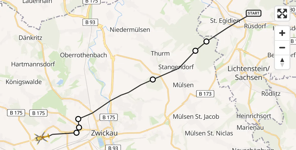 Flugroute Rettungshubschrauber St. Egidien - Zwickau, 12 Juli 2026, 14:26