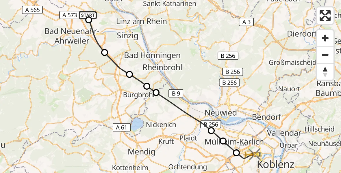 Flugroute Rettungshubschrauber Grafschaft - Koblenz, 12 Juli 2026, 14:27