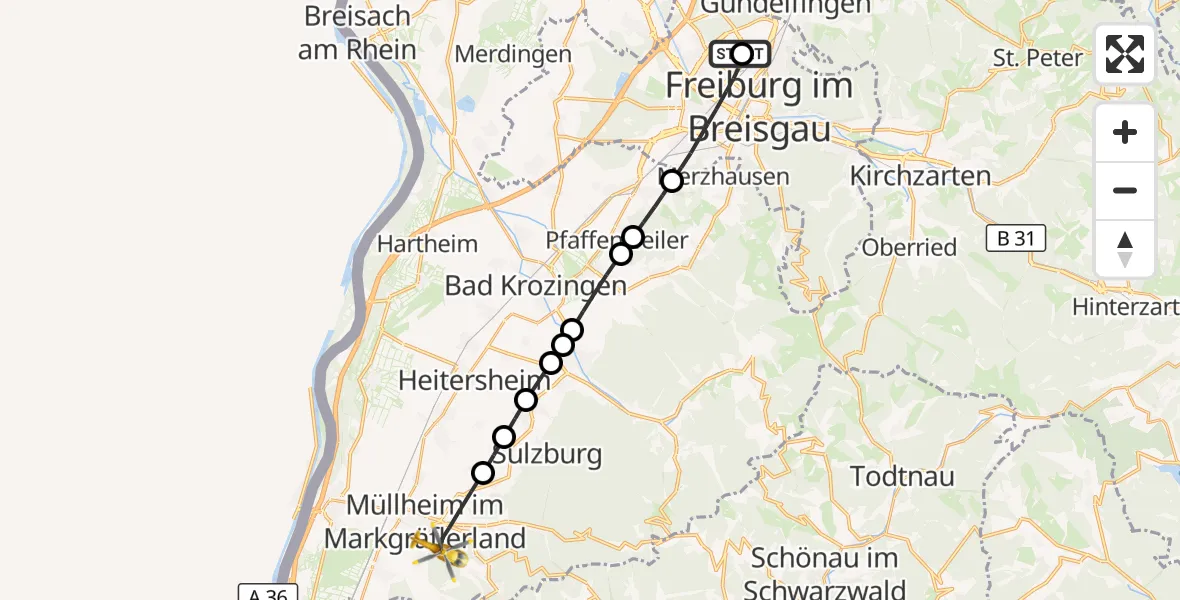 Flugroute Ambulanzhubschrauber Freiburg im Breisgau Flugplatz - Müllheim im Markgräflerland, 12 Juli 2026, 14:30