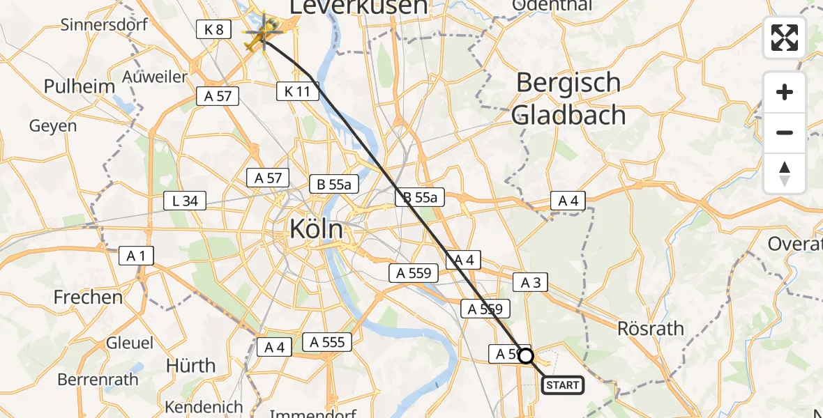 Flugroute Ambulanzhubschrauber Köln Bonn Flughafen - Köln, 12 Juli 2026, 14:31