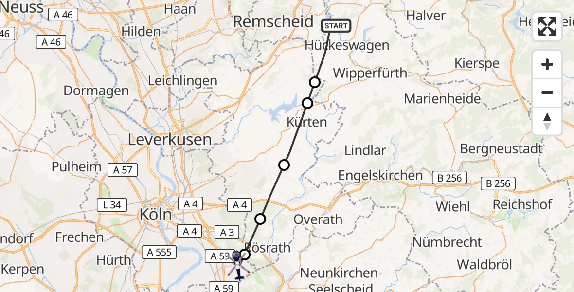 Flugroute Polizeihubschrauber Hückeswagen - Köln Bonn Flughafen, 12 Juli 2026, 14:37