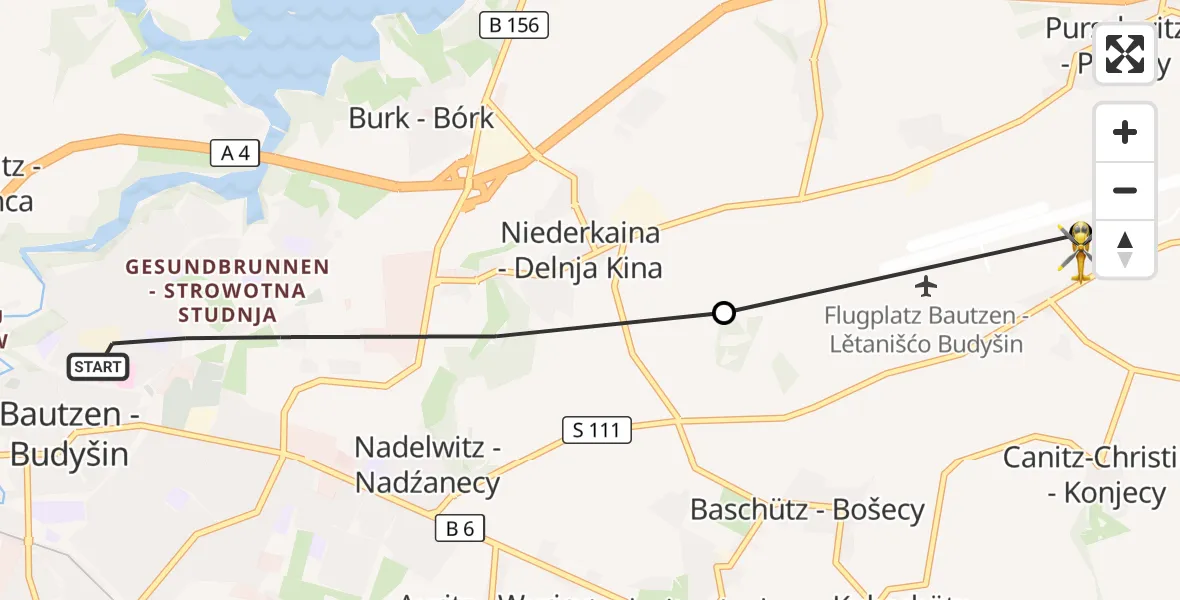 Flugroute Rettungshubschrauber Bautzen - Bautzen Flugplatz, 12 Juli 2026, 14:37