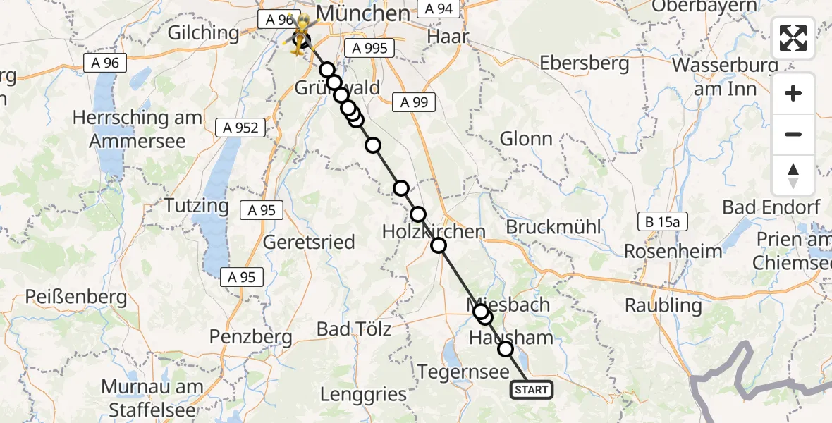 Flugroute Rettungshubschrauber Schliersee - DRF Air Rescue München Hubschrauberlandeplatz, 12 Juli 2026, 14:39