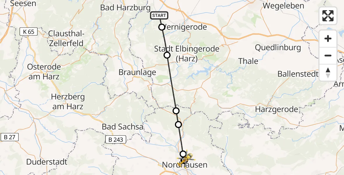 Flugroute Rettungshubschrauber Ilsenburg (Harz) - Südharz Hospital Nordhausen, 12 Juli 2026, 14:41