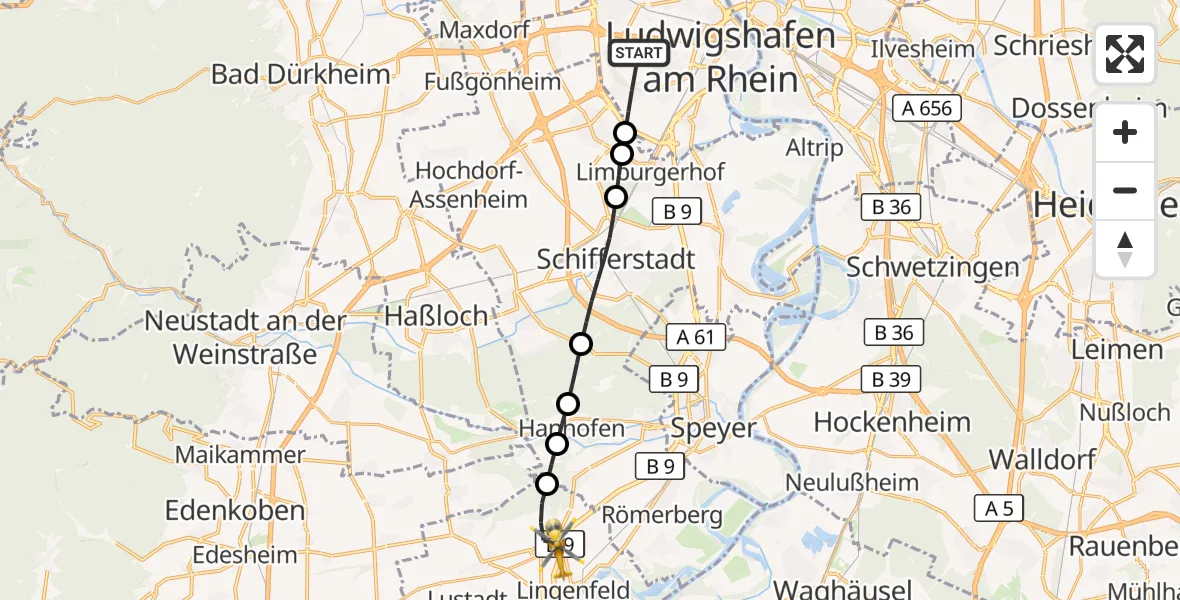 Flugroute Rettungshubschrauber Ludwigshafen am Rhein - Schwegenheim, 12 Juli 2026, 14:43