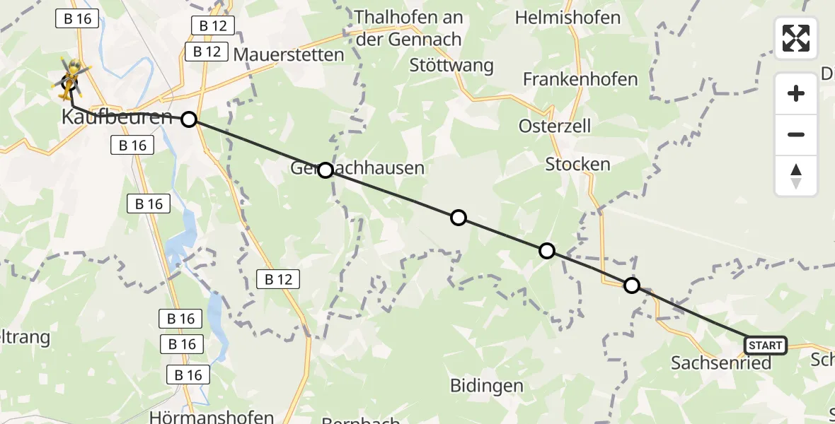 Flugroute Rettungshubschrauber Schwabsoien - Ostallgäu-Kaufbeuren Hospital, 12 Juli 2026, 14:44