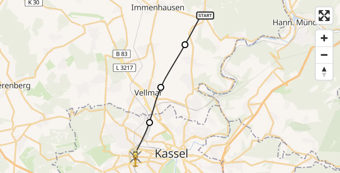 Flugroute Rettungshubschrauber Immenhausen - Kassel, 12 Juli 2026, 14:47