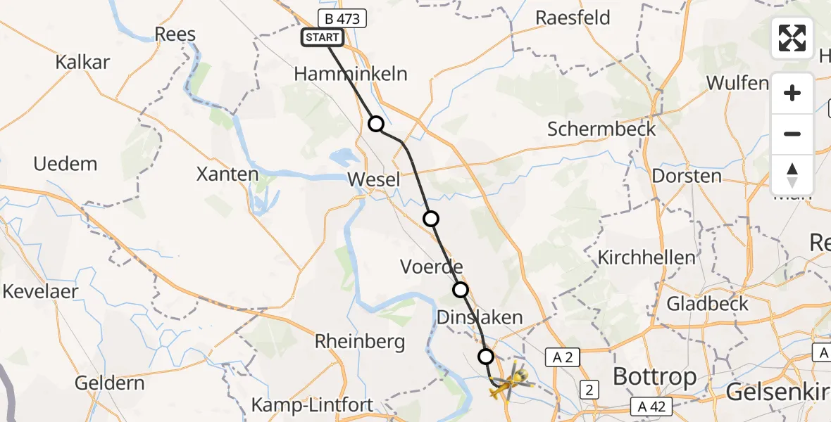 Flugroute Rettungshubschrauber Hamminkeln - Duisburg, 12 Juli 2026, 14:50