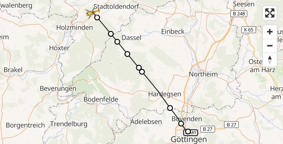 Flugroute Rettungshubschrauber Göttingen University Clinic Hubschrauberlandeplatz - Bevern, 12 Juli 2026, 14:51