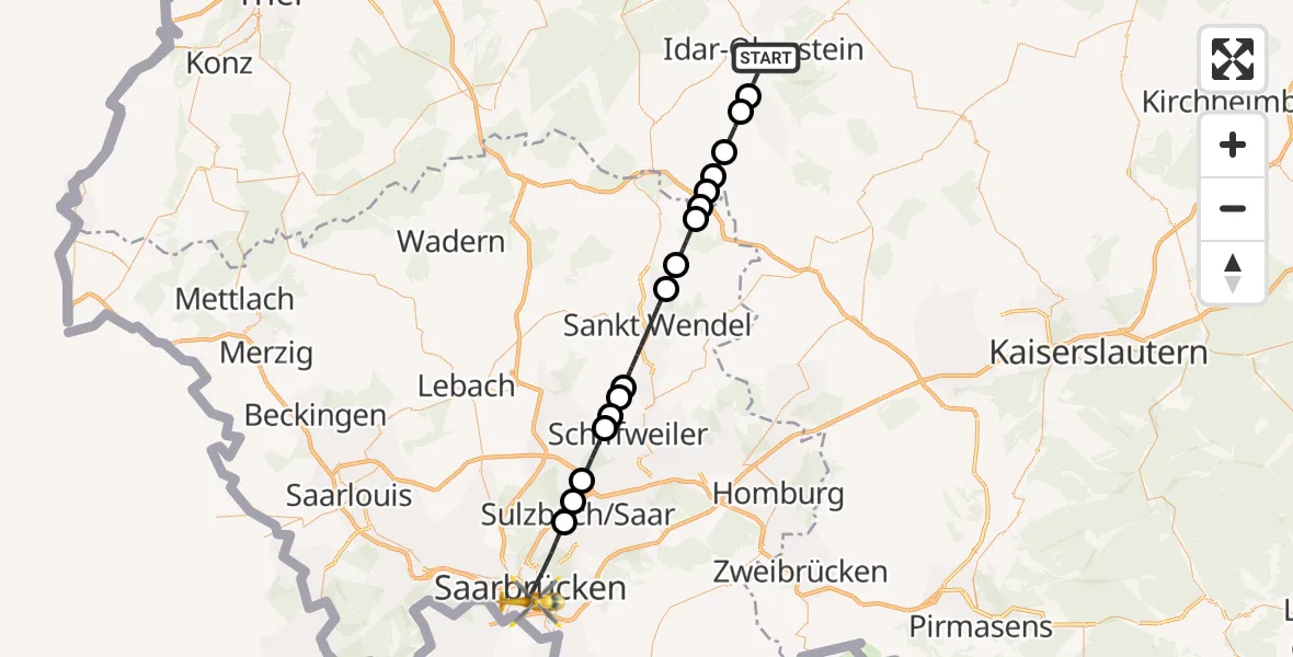 Flugroute Rettungshubschrauber Idar-Oberstein - Saarbrücken, 12 Juli 2026, 14:53