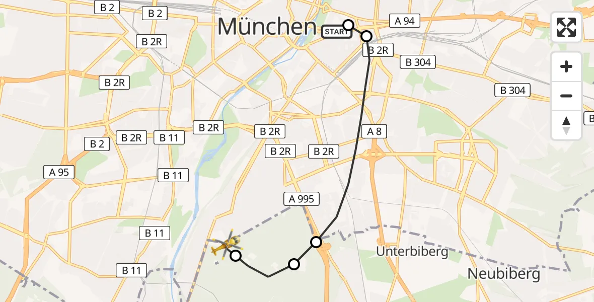 Flugroute Rettungshubschrauber Rechts der Isar University Hospital - ADAC Air Rescue Center Hubschrauberlandeplatz (Christoph 1), 12 Juli 2026, 14:59