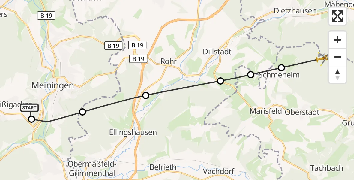 Flugroute Rettungshubschrauber Helios Clinic Meiningen - Schmeheim, 12 Juli 2026, 14:59