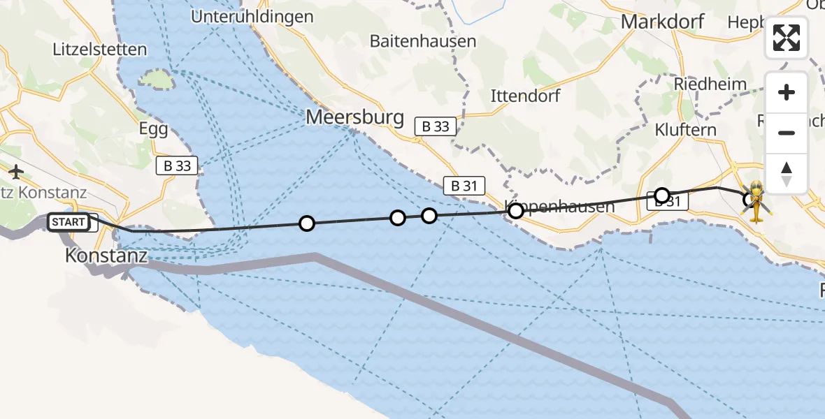 Flugroute Rettungshubschrauber Konstanz - Friedrichshafen Hospital, 12 Juli 2026, 15:02