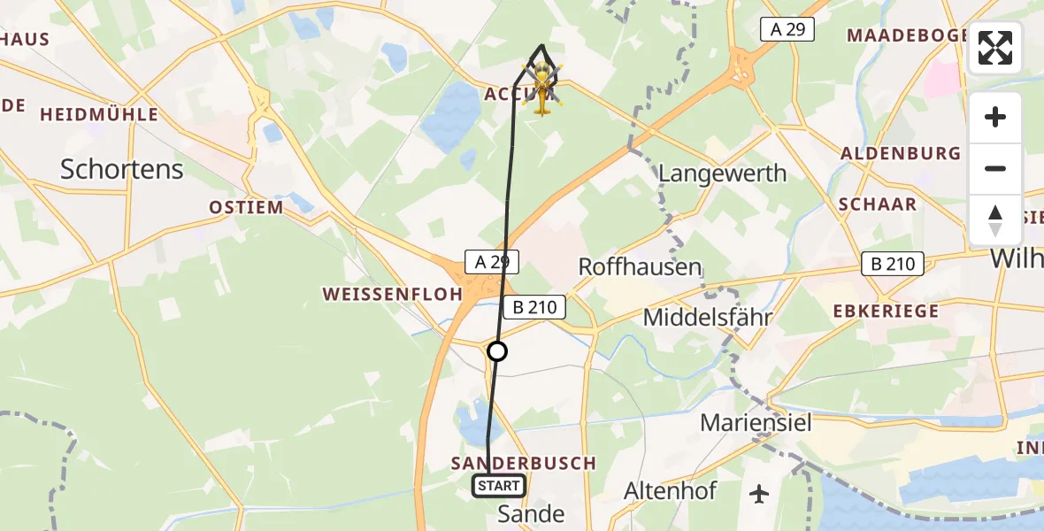 Flugroute Rettungshubschrauber Sande - Schortens, 12 Juli 2026, 15:03