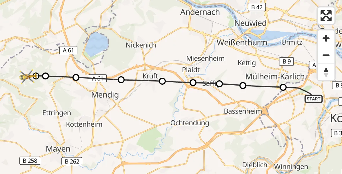 Flugroute Rettungshubschrauber Koblenz - Rieden, 12 Juli 2026, 15:04