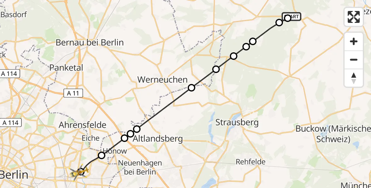 Flugroute Rettungshubschrauber Wriezen - Berlin Emergency Hospital, 12 Juli 2026, 15:08