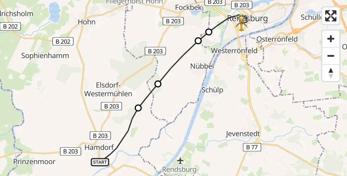 Flugroute Ambulanzhubschrauber Hamdorf - Rendsburg, 12 Juli 2026, 15:08