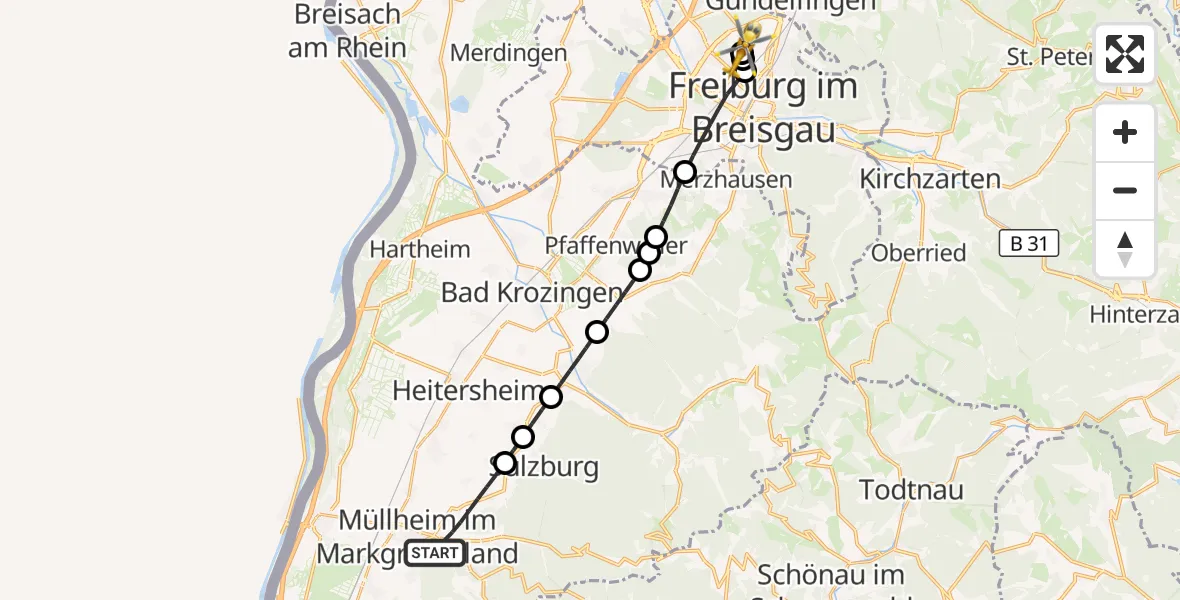 Flugroute Ambulanzhubschrauber Müllheim im Markgräflerland - Freiburg im Breisgau Flugplatz, 12 Juli 2026, 15:09