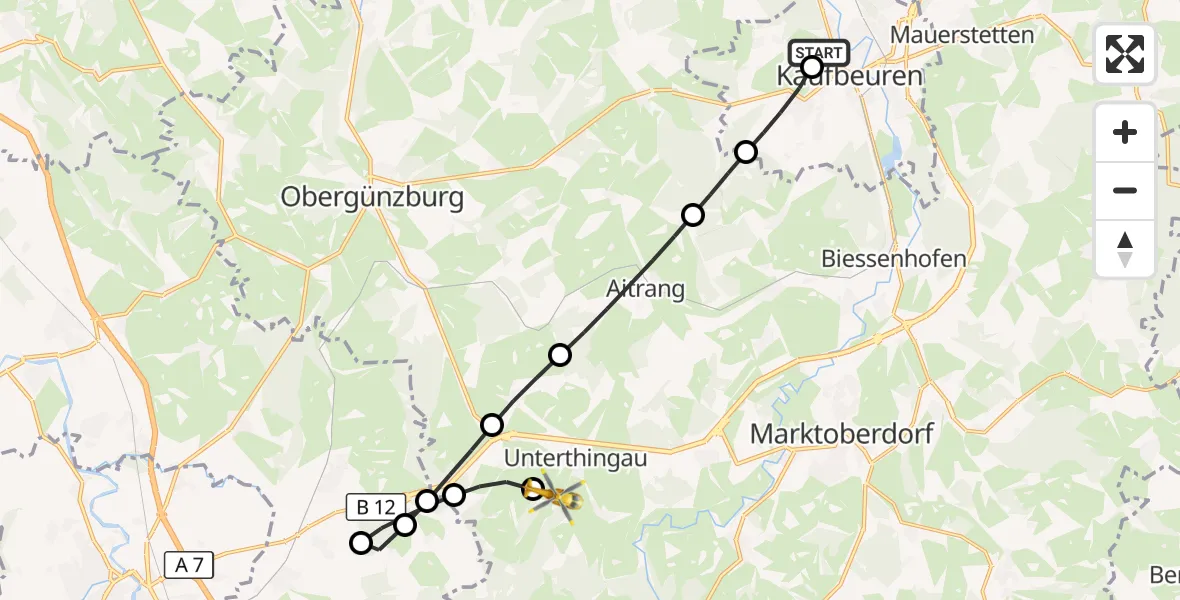 Flugroute Rettungshubschrauber Ostallgäu-Kaufbeuren Hospital - Unterthingau, 12 Juli 2026, 15:09