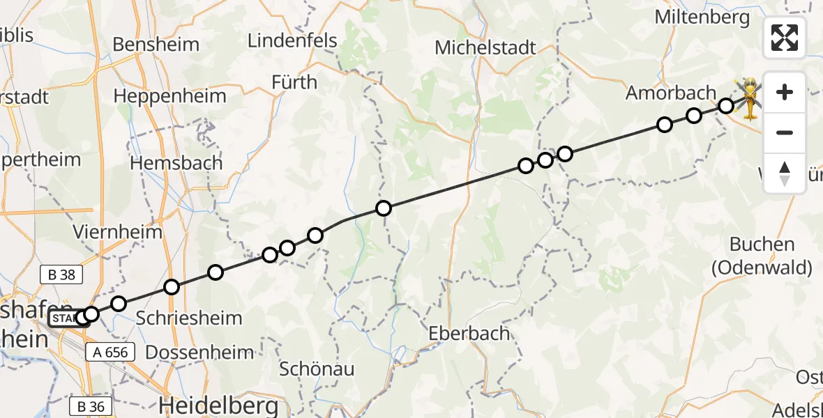Flugroute Rettungshubschrauber Mannheim-City Flughafen - Walldürn, 12 Juli 2026, 15:11
