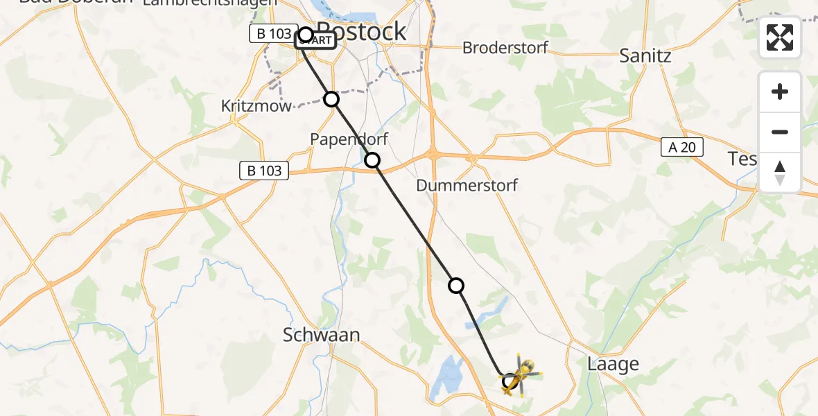 Flugroute Rettungshubschrauber Rostock University Hubschrauberlandeplatz - Flughafen Rostock-Laage, 12 Juli 2026, 15:17