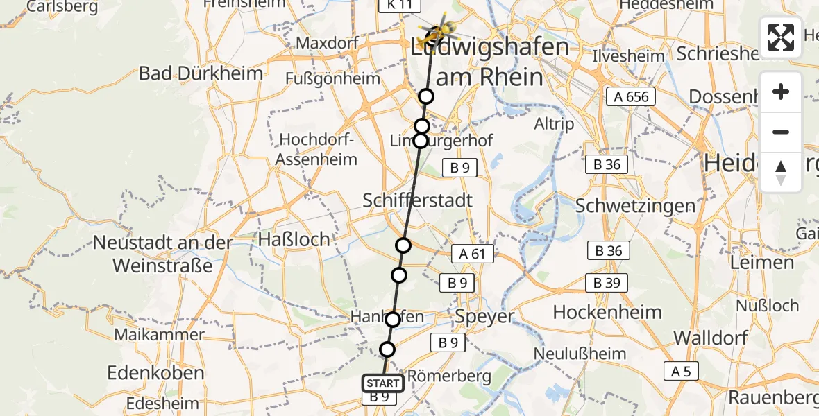 Flugroute Rettungshubschrauber Schwegenheim - Ludwigshafen Accident Hospital, 12 Juli 2026, 15:27
