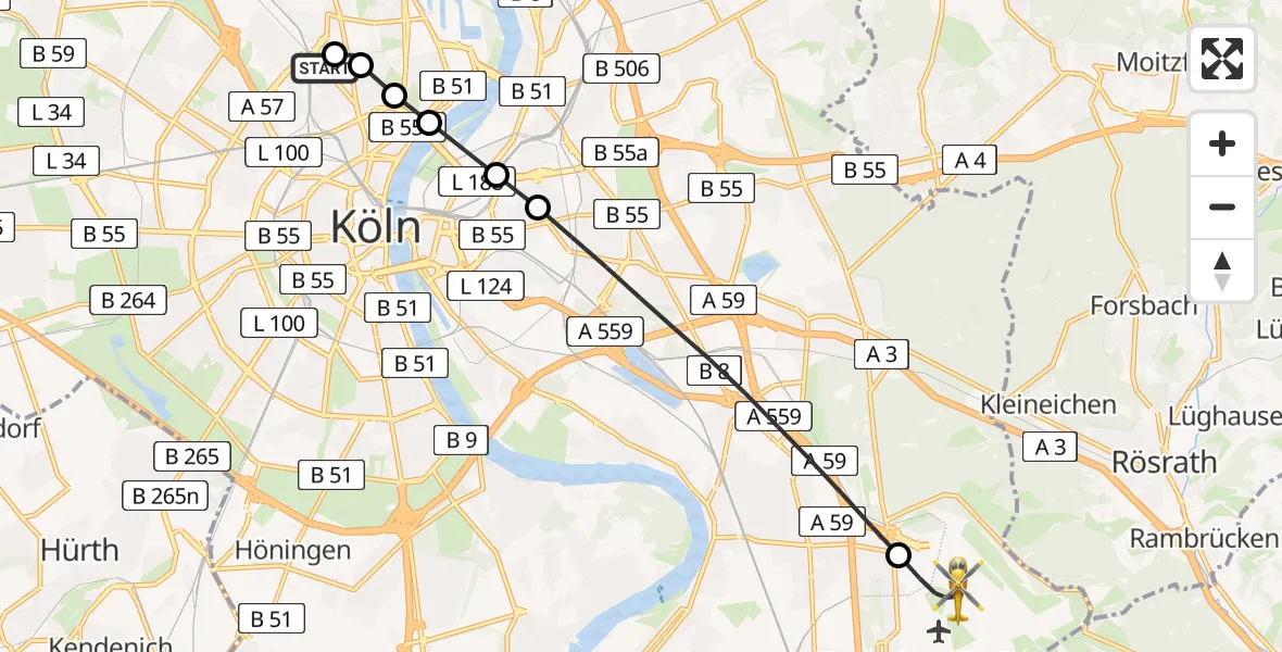 Flugroute Ambulanzhubschrauber Sankt Vinzenz Hospital - Köln Bonn Flughafen, 12 Juli 2026, 15:32