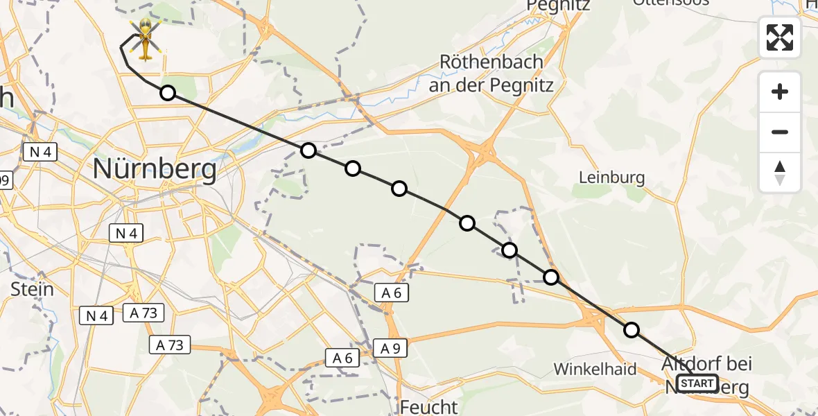 Flugroute Ambulanzhubschrauber Altdorf b.Nürnberg - Flughafen Nuremberg, 12 Juli 2026, 15:35