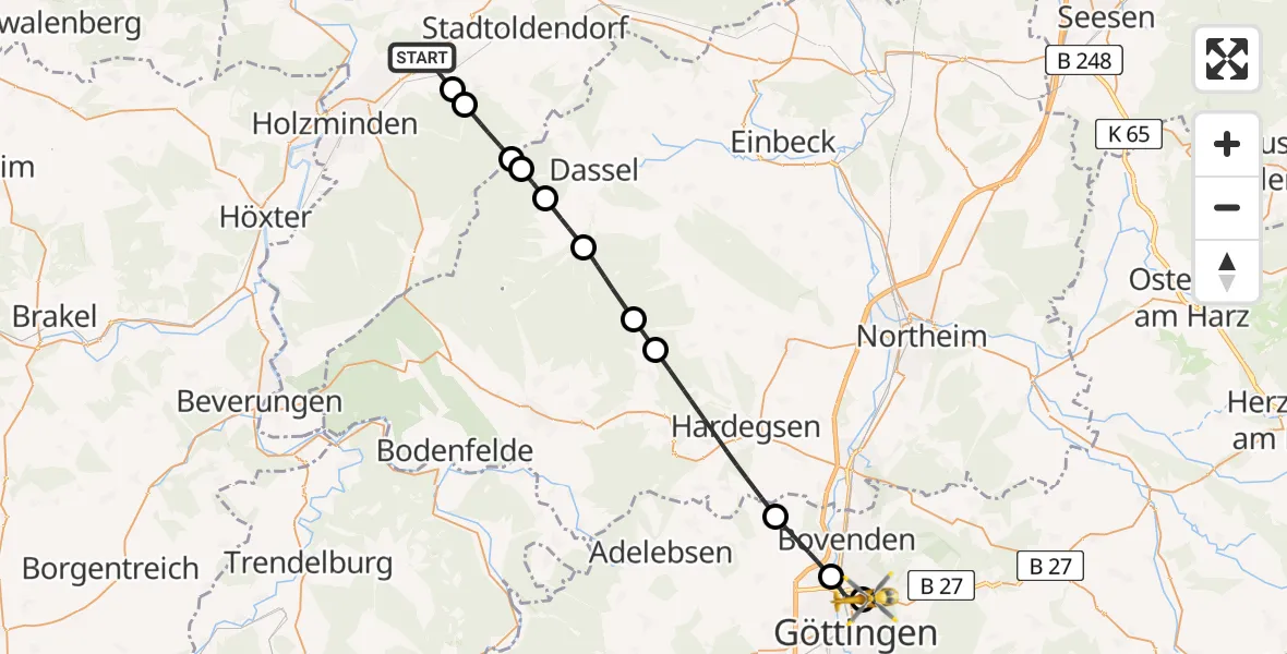 Flugroute Rettungshubschrauber Bevern - Göttingen University Clinic Hubschrauberlandeplatz, 12 Juli 2026, 15:37