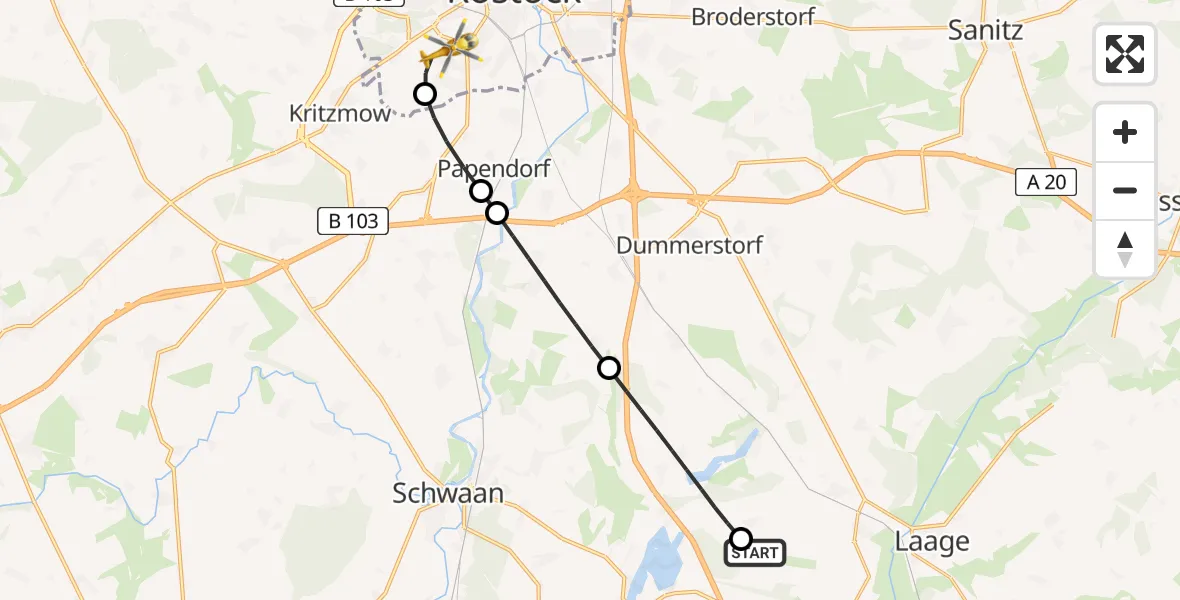 Flugroute Rettungshubschrauber Flughafen Rostock-Laage - Rostock, 12 Juli 2026, 15:41