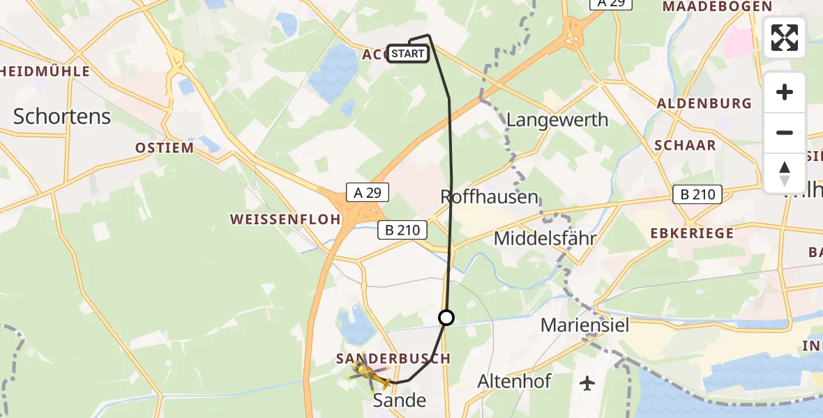 Flugroute Rettungshubschrauber Schortens - Sande, 12 Juli 2026, 15:41