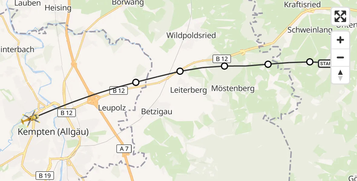 Flugroute Rettungshubschrauber Unterthingau - Kempten (Allgäu), 12 Juli 2026, 15:45