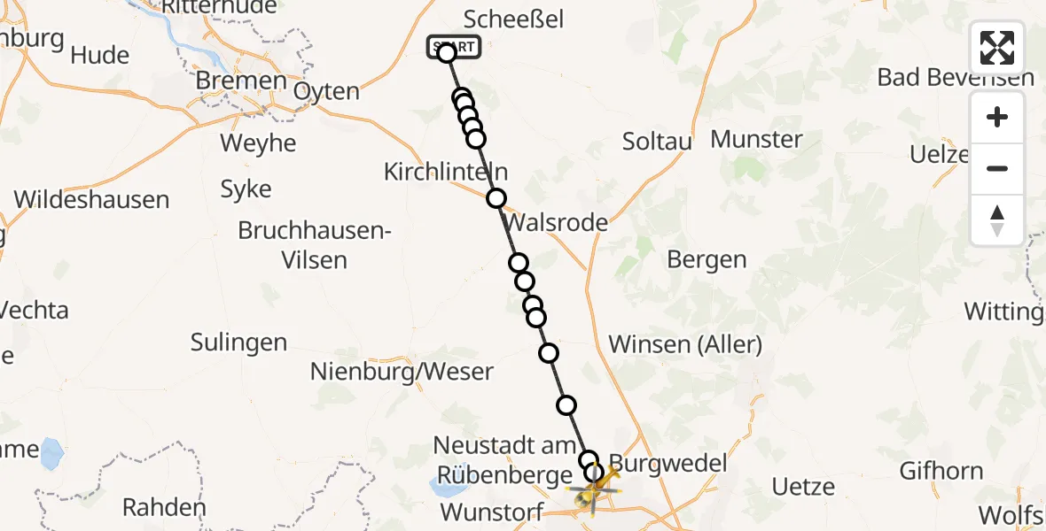 Flugroute Rettungshubschrauber Bötersen - Flughafen Hannover, 12 Juli 2026, 15:45
