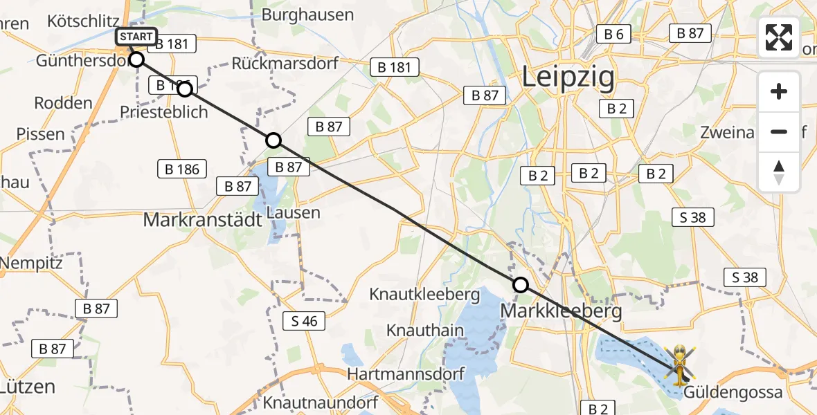 Flugroute Rettungshubschrauber ADAC Air Rescue Station Leipzig/Schkeuditz-Dölzig Hubschrauberlandeplatz (Christoph 61) - Markkleeberg, 12 Juli 2026, 15:46