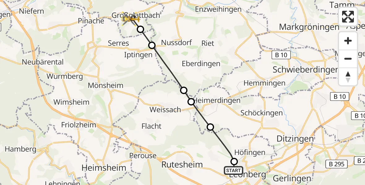 Flugroute Rettungshubschrauber Leonberg Hospital - Mühlacker, 12 Juli 2026, 15:46