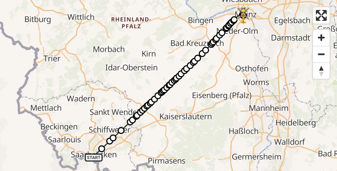 Flugroute Rettungshubschrauber Saarbrücken - Mainz University Hospital, 12 Juli 2026, 15:48